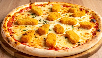 A pizza topped with crispy fried nuggets