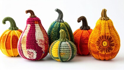 Arrangement of Knitted Pumpkins in Various Colors with Textured Surfaces on Seamless White Backdrop