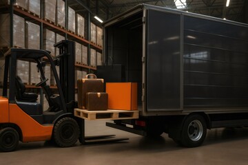 Forklift carrying pallet with luxury suitcases and boxes, loading them into a truck inside a warehouse, symbolizing logistics and distribution