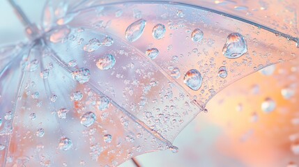 A hyper-realistic and artistic close-up of a transparent vinyl umbrella wet from rain, with water droplets scattered across its surface. 