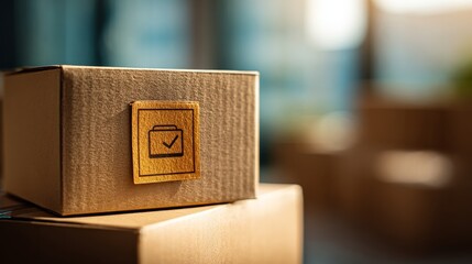 Stacked cardboard boxes with checkmark labels indicating they are packed and ready for delivery and shipping, ensuring proper handling and tracking during transit for efficient logistics management.