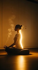 A woman in a meditative posture, illuminated by a glowing spine, creating a serene and spiritual atmosphere.
