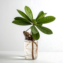 A plant seedling in a clear glass jar