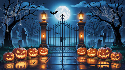 Spooky Halloween night scene with carved glowing pumpkin lanterns placed near dark gate under moonlight, surrounded by eerie trees, lamps, and haunted festive setup