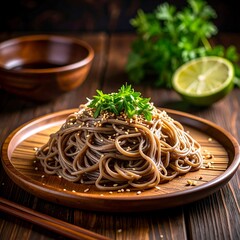 A plate of dark brown soba noodles topped with sesame seeds and fresh herbs