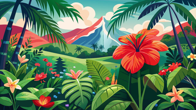 Very beautiful  panoramic view capturing the beauty of Puerto Rican hibiscus, amapola (Thespesia grandiflora), in full bloom amidst the tropical rainforest of El Yunque National Forest, Puerto Rico
