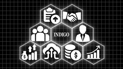 White neon business icons .INDIGO  management teamwork ,business  growth glowing digital interface partnership handshake money investment corporate strategy futuristic technology  background. - Powered by Adobe