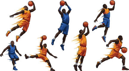 Basketball action silhouettes, slam dunk pose, jump shot, dribbling motion, athletic energy, team sport, dynamic movement, court illustration © Miss