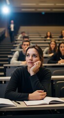 A thoughtful student, resting her chin on her hand, sits attentively in a lecture hall, surrounded by classmates.