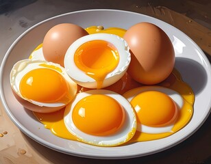 A plate of halved and whole eggs, yolk spills
