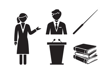 Business and education icons speaker podium books and pointer