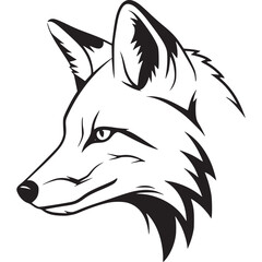 Fox head isolated on white background, a detailed black and white illustration of a wild animal, showcasing its cunning and beauty