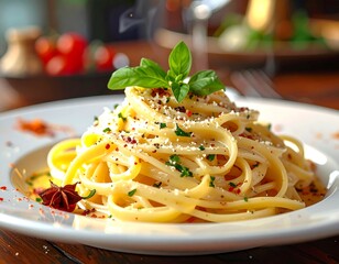 A plate of pasta, topped with herbs and spices