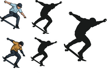 Skateboarding action, mid-air tricks, silhouette comparison, extreme sport, freestyle motion, helmet safety, urban stunt, athletic pose, youth culture illustration