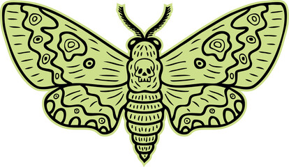 Hand drawn green neon phosphorus hawk moth butterfly illustration. Perfect for banner, poster, logo, sticker, label, sale.
