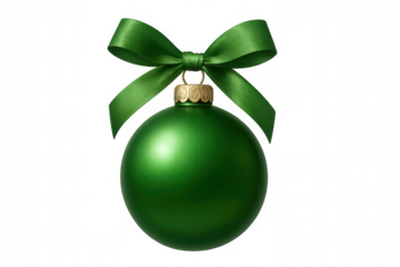 Green christmas ornament hanging with a festive ribbon bow, celebrating holiday season traditions