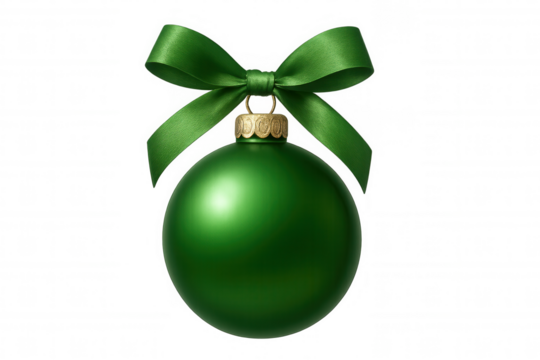Green christmas ornament hanging with a festive ribbon bow, celebrating holiday season traditions