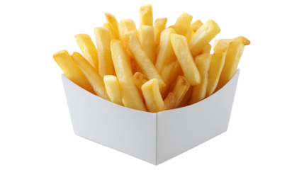 A box of french fries sits on a white background