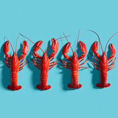 Five Red Lobsters in a Row on Blue Background 