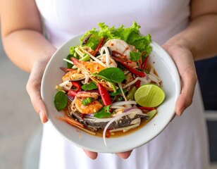 A plate of seafood salad held in hands