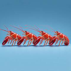 Five Red Lobsters in a Row on Blue Background