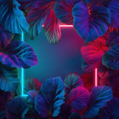 Creative fluorescent color layout made of tropical leaves with neon light square. Flat lay. Nature concept. 