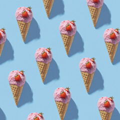 Pink strawberry ice cream pattern on pastel blue background. Summer minimalism. Isometric flat lay. 