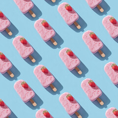 Pink strawberry ice cream pattern on pastel blue background. Summer minimalism. Isometric flat lay