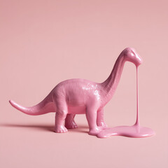 Pink paint dripping on dinosaur toy. Creative minimal concept.