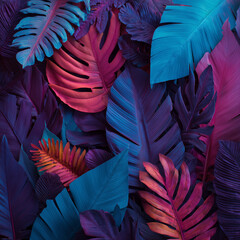 Creative fluorescent color layout made of tropical leaves. Flat lay neon colors. Nature concept