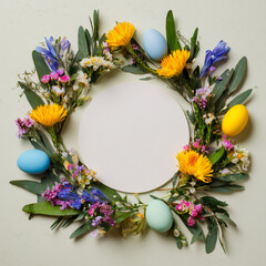 Easter wreath made of colorful spring flowers, leaves and easter eggs. Natural round frame layout with paper card. Flat lay. 