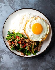 A plate of Thai-style minced pork with rice and fried egg