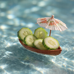Cucumber Boat with Paper Parasol under Sunlight 