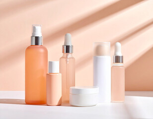 Collection of cosmetic containers on neutral studio background