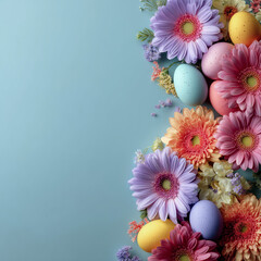 Creative layout made with colorful flowers and Easter eggs. Minimal nature background. Spring holidays concept