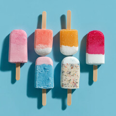 Colorful Ice cream popsicle on pastel blue background. Minimal summer concept. Flat lay
