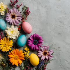 Creative layout made with colorful flowers and Easter eggs. Minimal nature background. Spring holidays concept