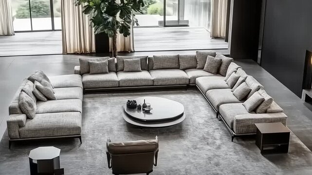 Luxurious modern sectional sofa arrangement in a contemporary living room, featuring a circular coffee table and accent chair.