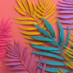 Tropical bright colorful background with exotic painted tropical palm leaves. Minimal fashion summer concept.