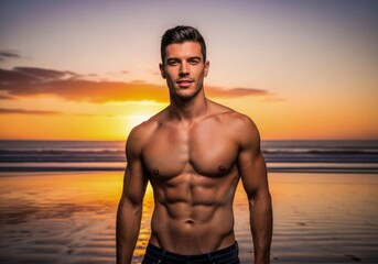 Golden Hour Adonis: Muscular Man Posing Confidently on a Reflective Sunset Beach.