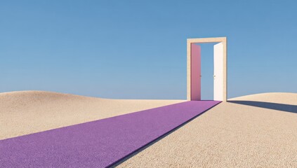A vibrant, pastel-toned, open door, leading the way across a path of purple carpet, set against a backdrop of sandy dunes under a clear blue sky.
