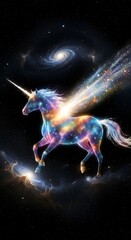 A vibrant unicorn, seemingly composed of stardust, gallops through a cosmic nebula, showcasing a breathtaking celestial scene.