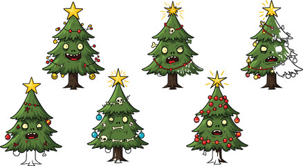 Zombie Christmas Trees Cartoon Set with Horror Faces, Funny Expressions, Creepy Decorations, Scary Holiday Theme, Vector Illustration for Halloween