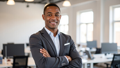 Fototapeta premium Confident black man smiling with arms crossed in modern office space 