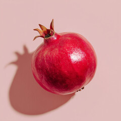 Red pomegranate fruit on pastel pink background. Minimal flat lay