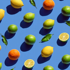 Flat lay pattern with summer citrus fruit on blue background. Minimal concept with sharp shadows. Trendy social mockup or wallpaper