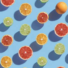 Flat lay pattern with summer citrus fruit on blue background. Minimal concept with sharp shadows. Trendy social mockup or wallpaper.