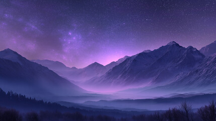 Mystical Mountain Vista: A majestic mountain range is silhouetted against a mesmerizing starry night sky, illuminated by an ethereal glow.