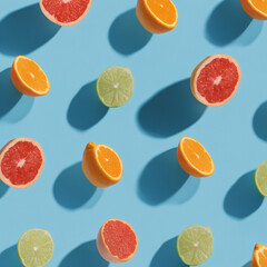 Flat lay pattern with summer citrus fruit on blue background. Minimal concept with sharp shadows. Trendy social mockup or wallpaper.