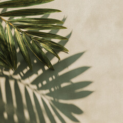 Top view of green tropical leaf shadow on sand color background. Flat lay. Minimal summer concept with palm tree leaf. Creative copyspace